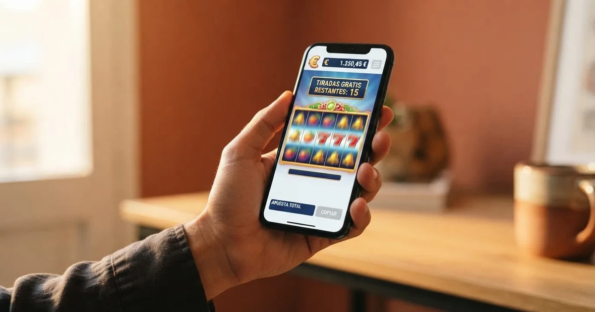Una mano sostiene un móvil mostrando la pantalla de un casino online español con el contador de tiradas gratis activo