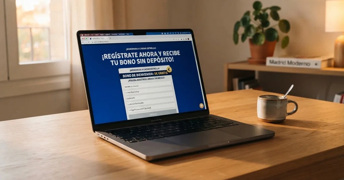 Interfaz de registro de un casino online español con un campo de código promocional y el texto «bono sin depósito» destacado en la pantalla de bienvenida