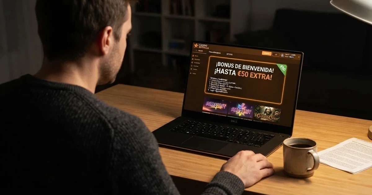 Un jugador consulta las condiciones de un bono en la pantalla de un casino online español, con el saldo de bono visible en la esquina superior