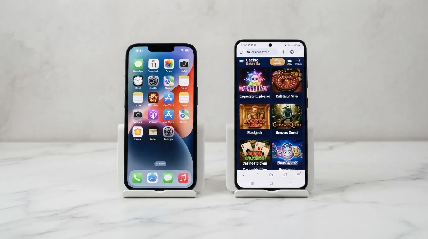 Dos móviles uno junto al otro: el de la izquierda muestra el icono de una app de casino en la pantalla de inicio, el de la derecha muestra el mismo casino cargado en el navegador Chrome