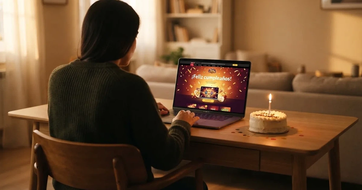 Jugador consultando la notificación de un bono de cumpleaños en la pantalla de su ordenador, con un pastel de cumpleaños y la interfaz del casino visibles