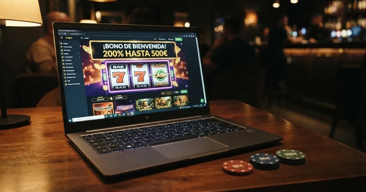 Ilustración de una pantalla de casino online con un bono de bienvenida del 200% destacado y fichas de juego