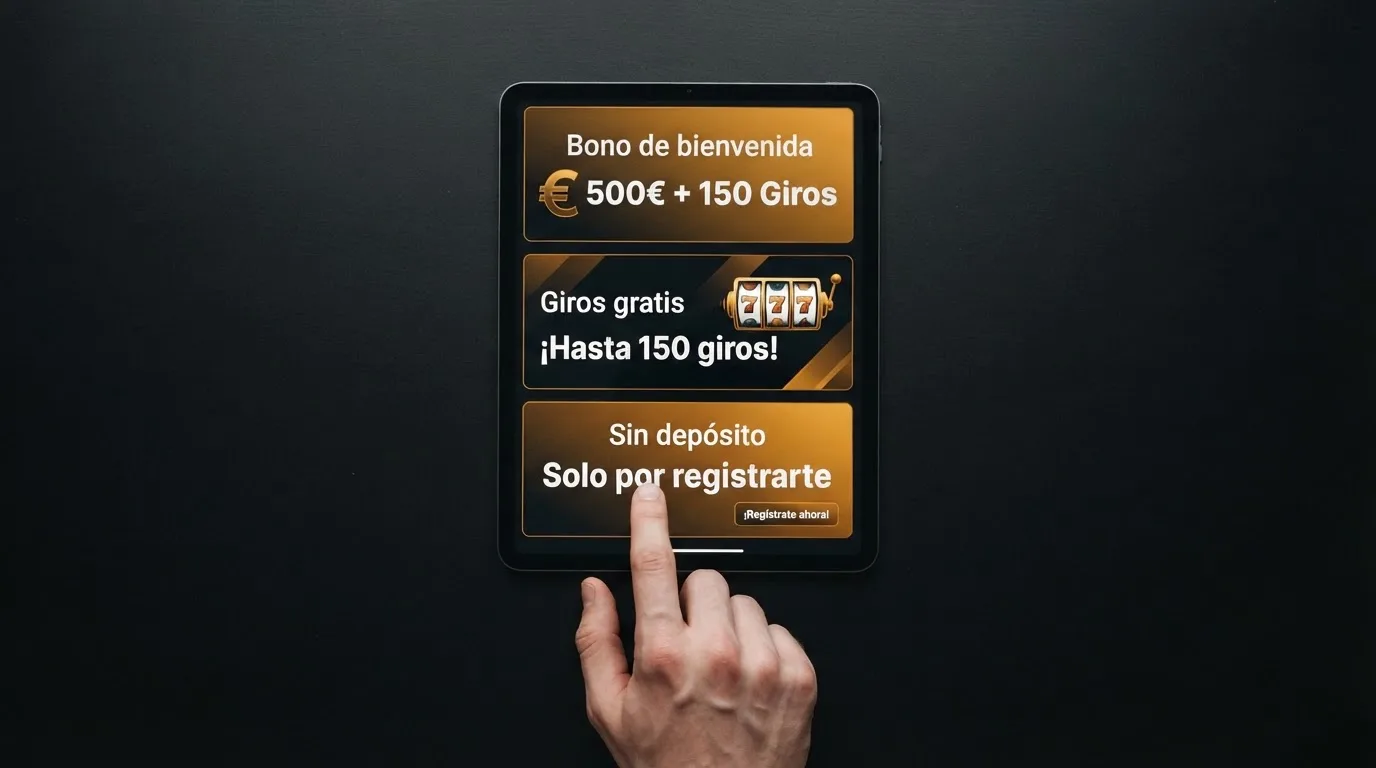Sección de promociones de un casino online español mostrando ofertas de bono de bienvenida, giros gratis y bono sin depósito