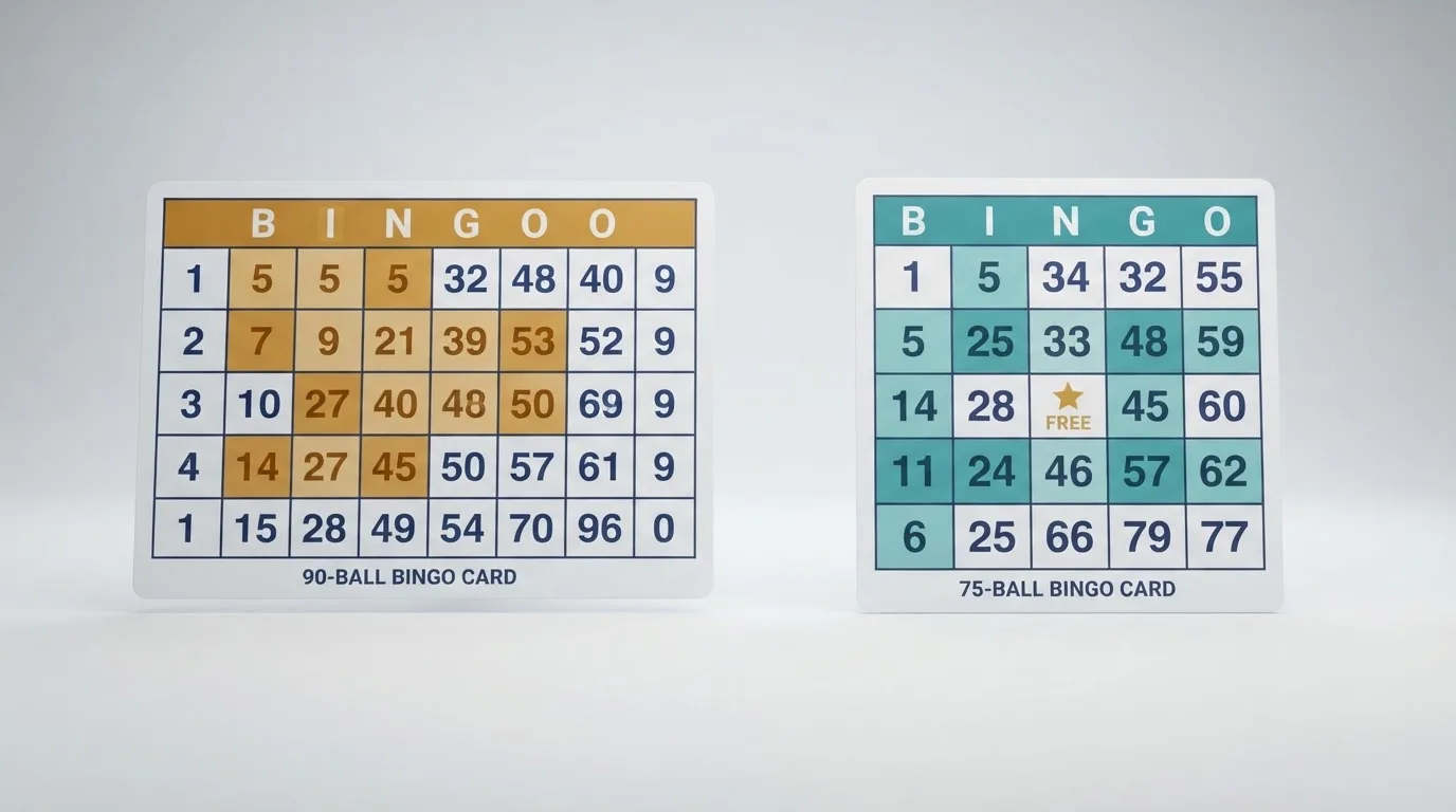 Comparativa visual de dos cartones de bingo: uno de 90 bolas con tres filas de nueve columnas y otro de 75 bolas con formato cuadrado de cinco por cinco