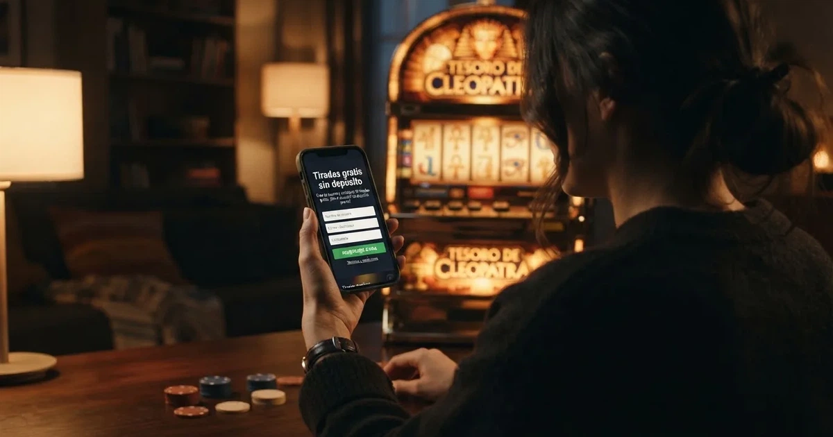 Un teléfono móvil mostrando la pantalla de registro de un casino online español con el texto «Tiradas gratis sin depósito» junto a una tragaperras de estilo egipcio en segundo plano