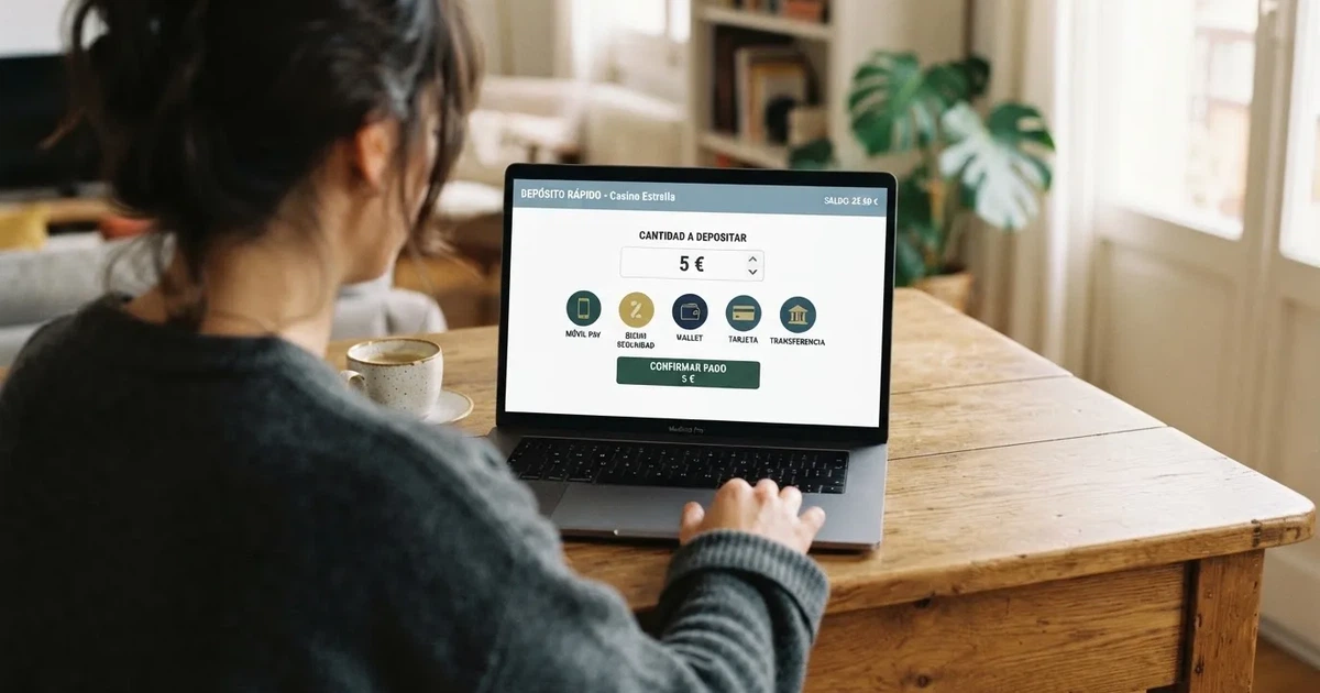 Pantalla de un casino online con licencia DGOJ mostrando las opciones de depósito y el importe mínimo de 5 euros junto a los métodos de pago disponibles