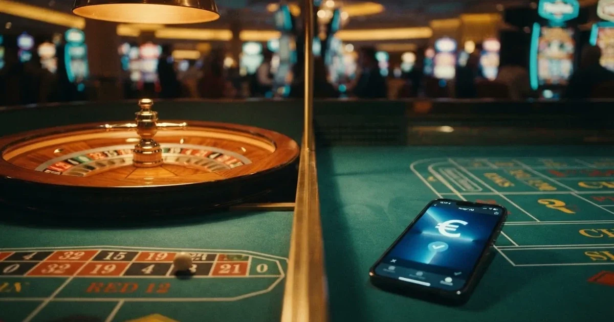Dos caminos divergentes: una pantalla dividida entre una ruleta con el símbolo de porcentaje RTP brillando junto a la bola y un móvil mostrando una notificación de ingreso instantáneo