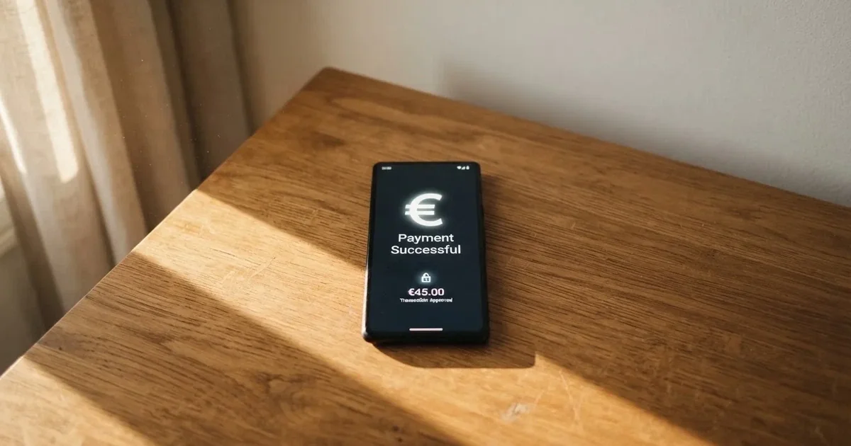Un teléfono móvil mostrando la pantalla de confirmación de un pago, con los logotipos de Bizum, Apple Pay y Google Pay junto a un candado de seguridad sobre fondo blanco