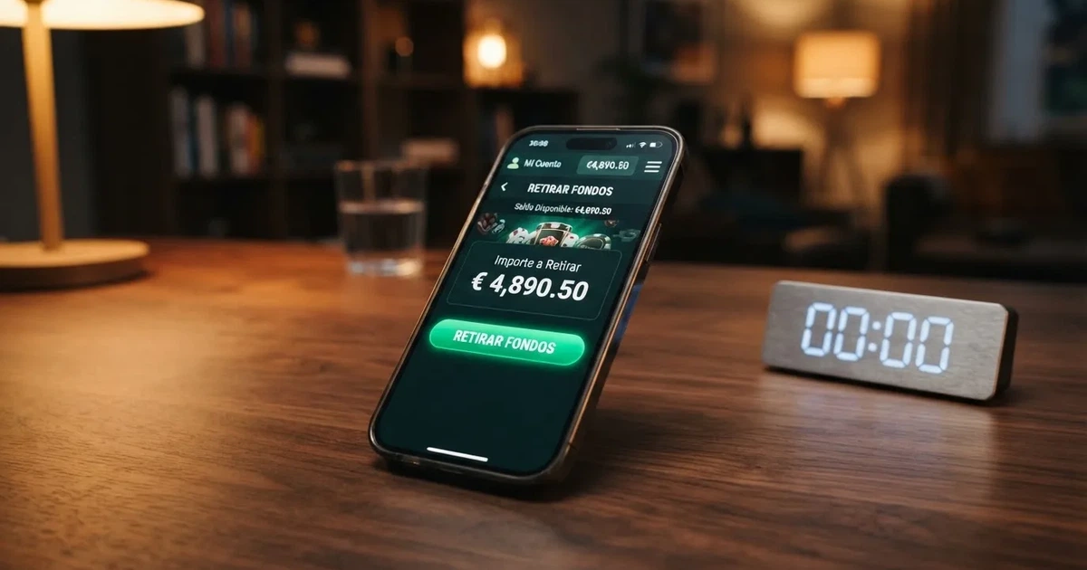 Un reloj digital marcando 00:00 junto a un móvil con la pantalla de un casino online en español mostrando el botón de «Retirar fondos».