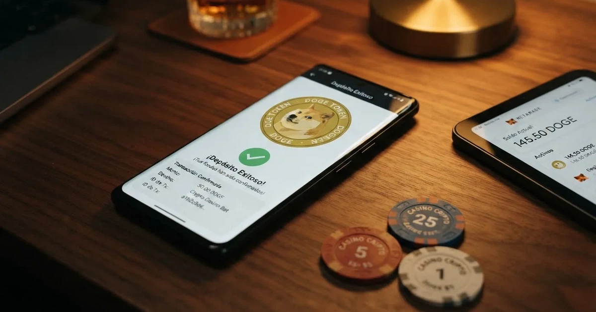Un teléfono móvil mostrando la pantalla de depósito de un casino online con el logotipo de Dogecoin y una wallet de criptomonedas abierta junto a fichas de casino
