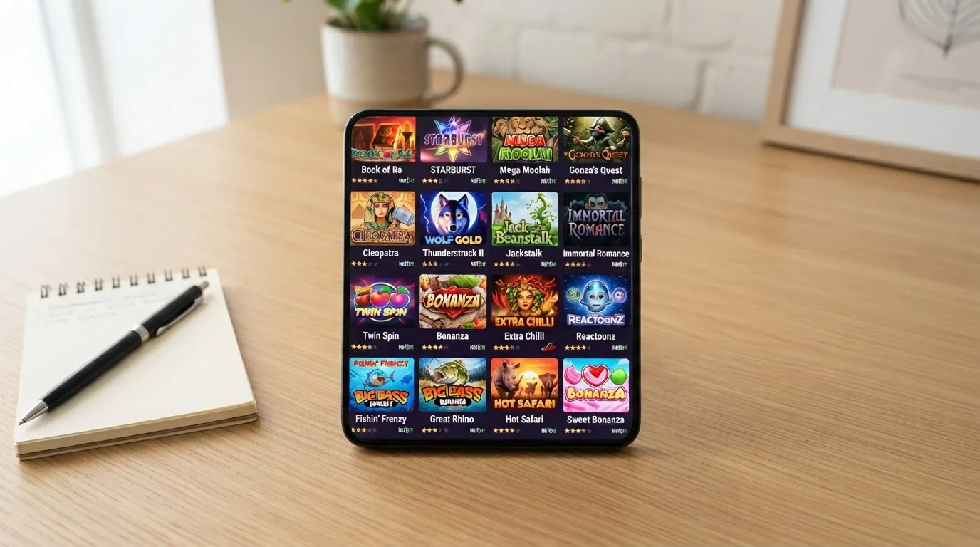 Pantalla de móvil mostrando una cuadrícula de carátulas de tragaperras populares con los logos de sus proveedores (Pragmatic Play, NetEnt, Play'n GO) visibles bajo cada título