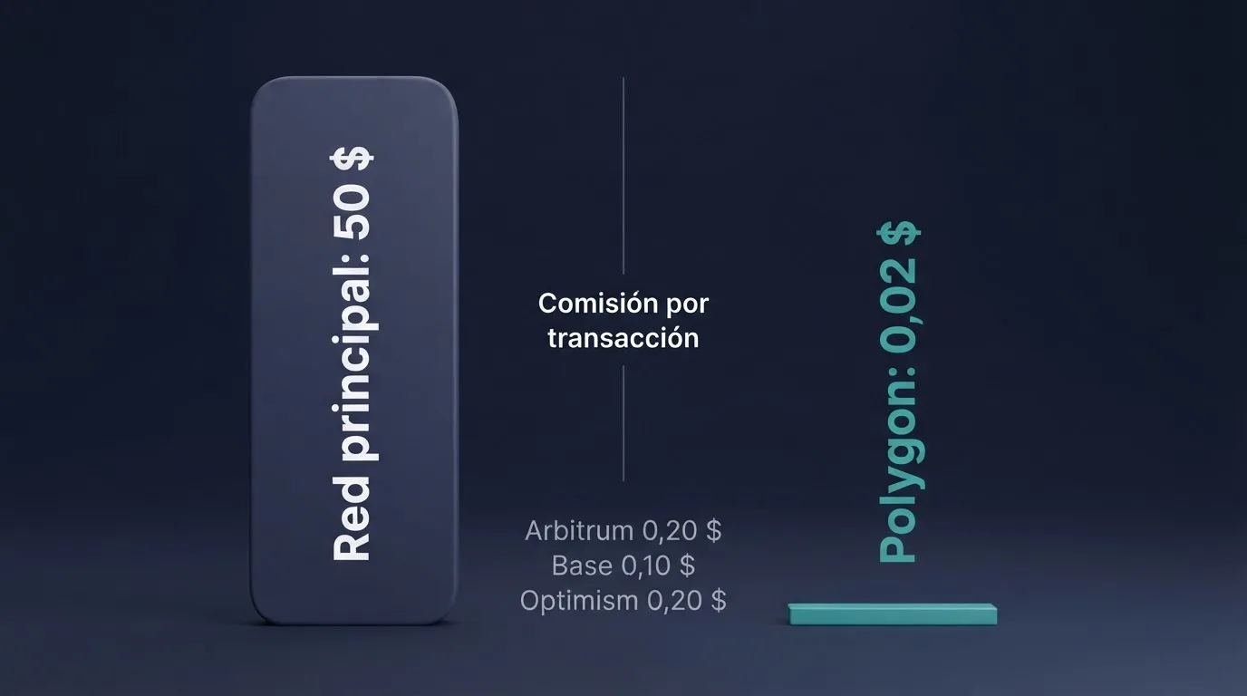 Gráfico comparativo del coste de una transacción en la red principal de Ethereum frente a las redes Layer 2 Arbitrum, Polygon, Optimism y Base