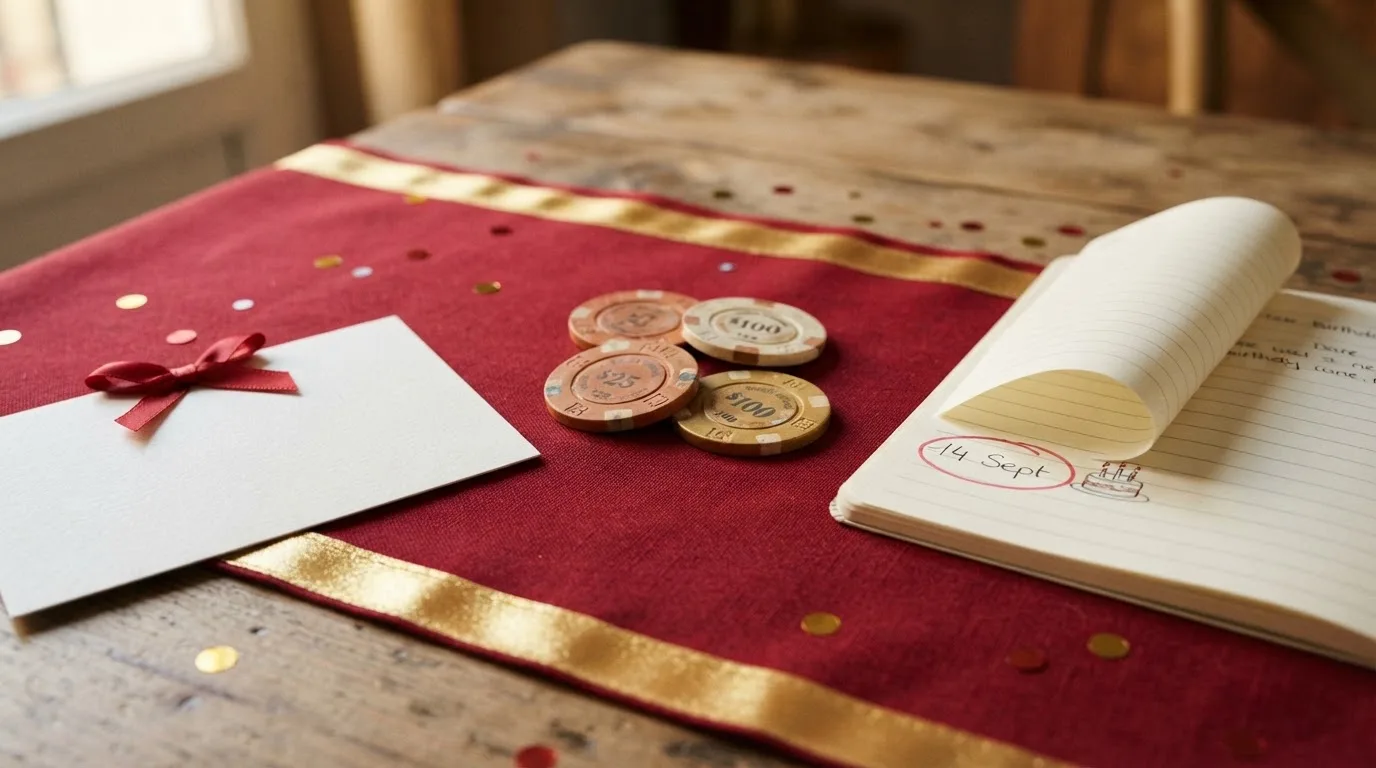Disposición de fichas de casino, una tarjeta de regalo y un calendario con una fecha de cumpleaños marcada, sobre una mesa con los colores de la bandera española