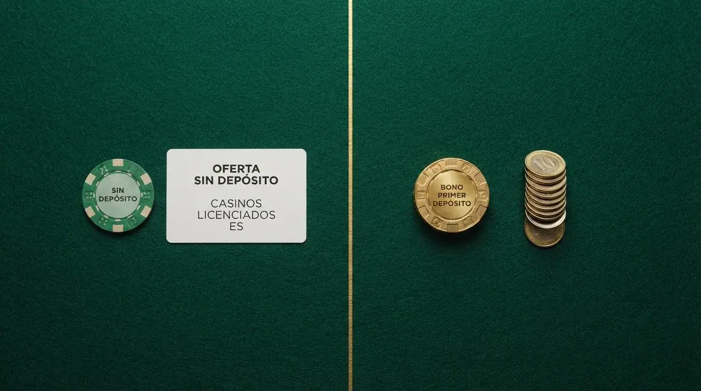 Pantalla dividida con los logos de los casinos legales españoles agrupados en dos columnas: los que tienen oferta sin depósito y los que ofrecen solo bono de bienvenida