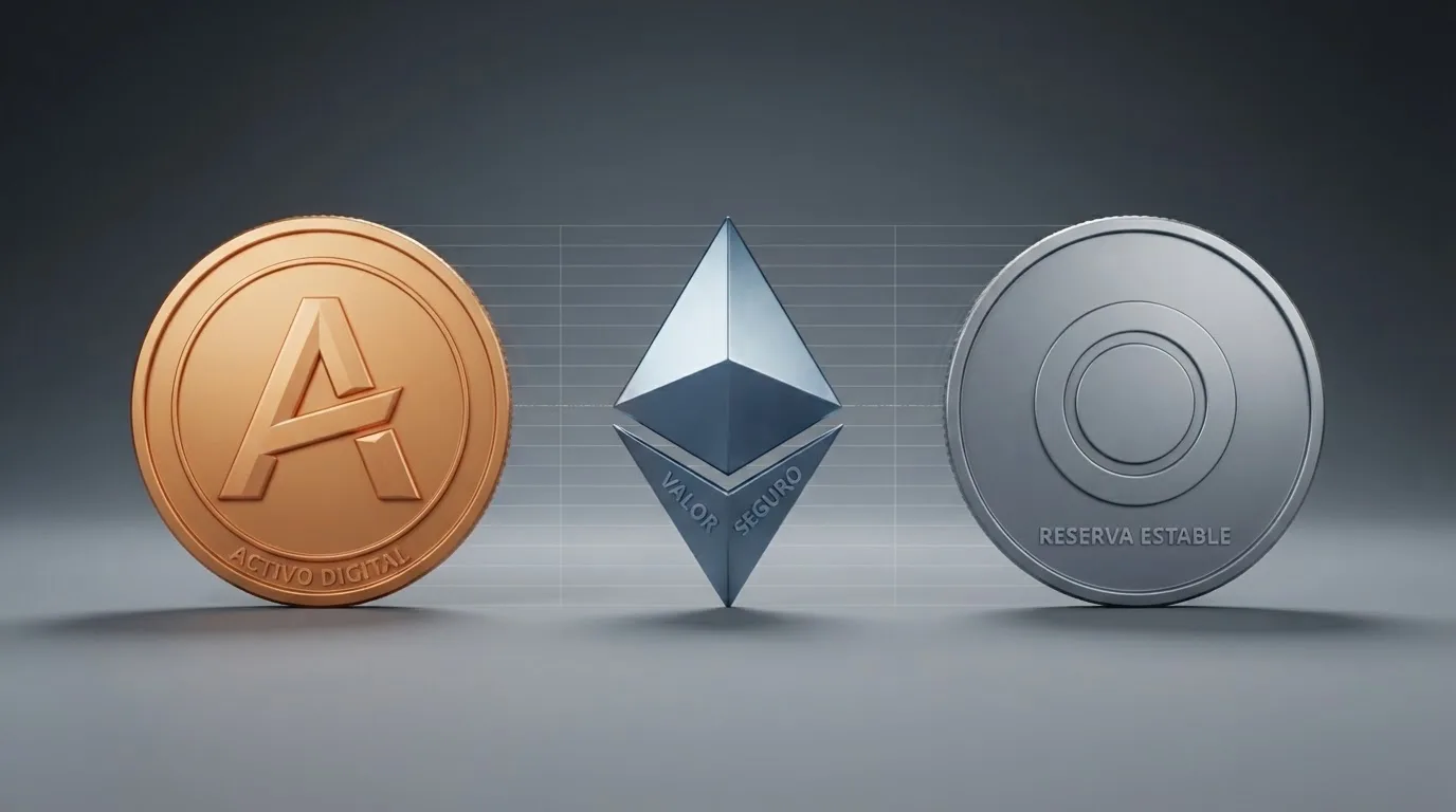 Monedas físicas de Bitcoin, Ethereum y Tether alineadas sobre una tabla comparativa de comisiones de red