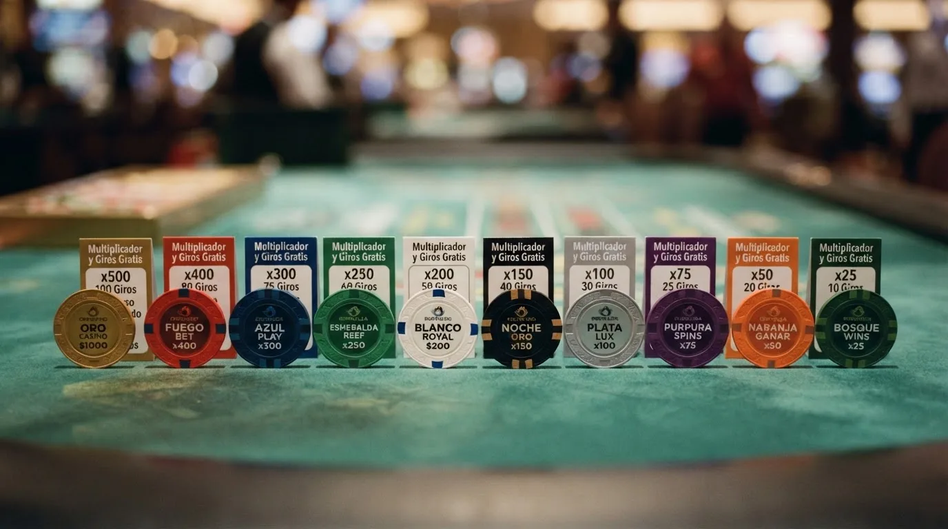 Varias fichas de casino alineadas sobre una mesa de juego, cada una con el logotipo de un operador con licencia DGOJ, formando una comparativa visual