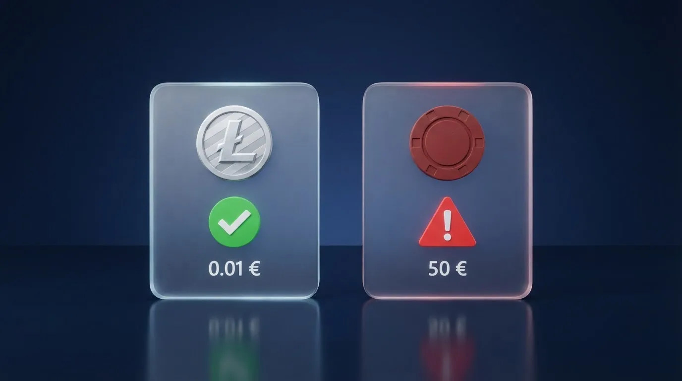 una comparativa visual de una transacción Litecoin frente a una de Bitcoin: la de LTC muestra una comisión de fracciones de céntimo, la de BTC varios euros