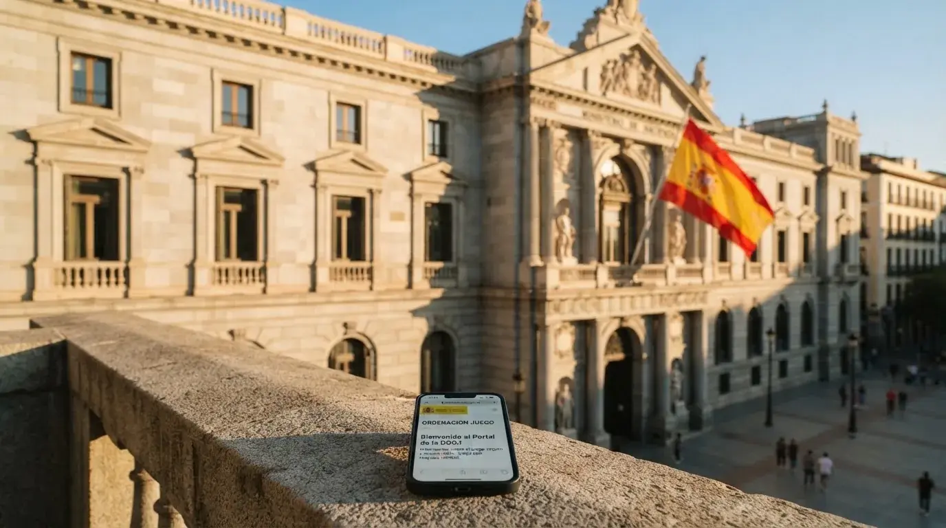 Fachada del edificio de la Dirección General de Ordenación del Juego en Madrid con la bandera de España y el dominio .es visible en un dispositivo