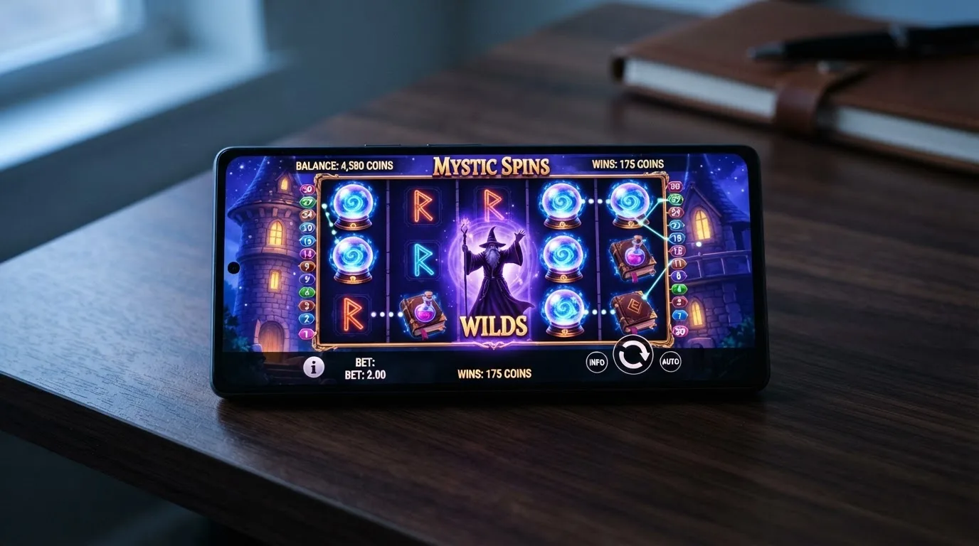Captura del juego Blue Wizard con su cuadrícula 5×3, los 30 paylines visibles y los símbolos de bola de cristal que activan el Fire Blaze Respin