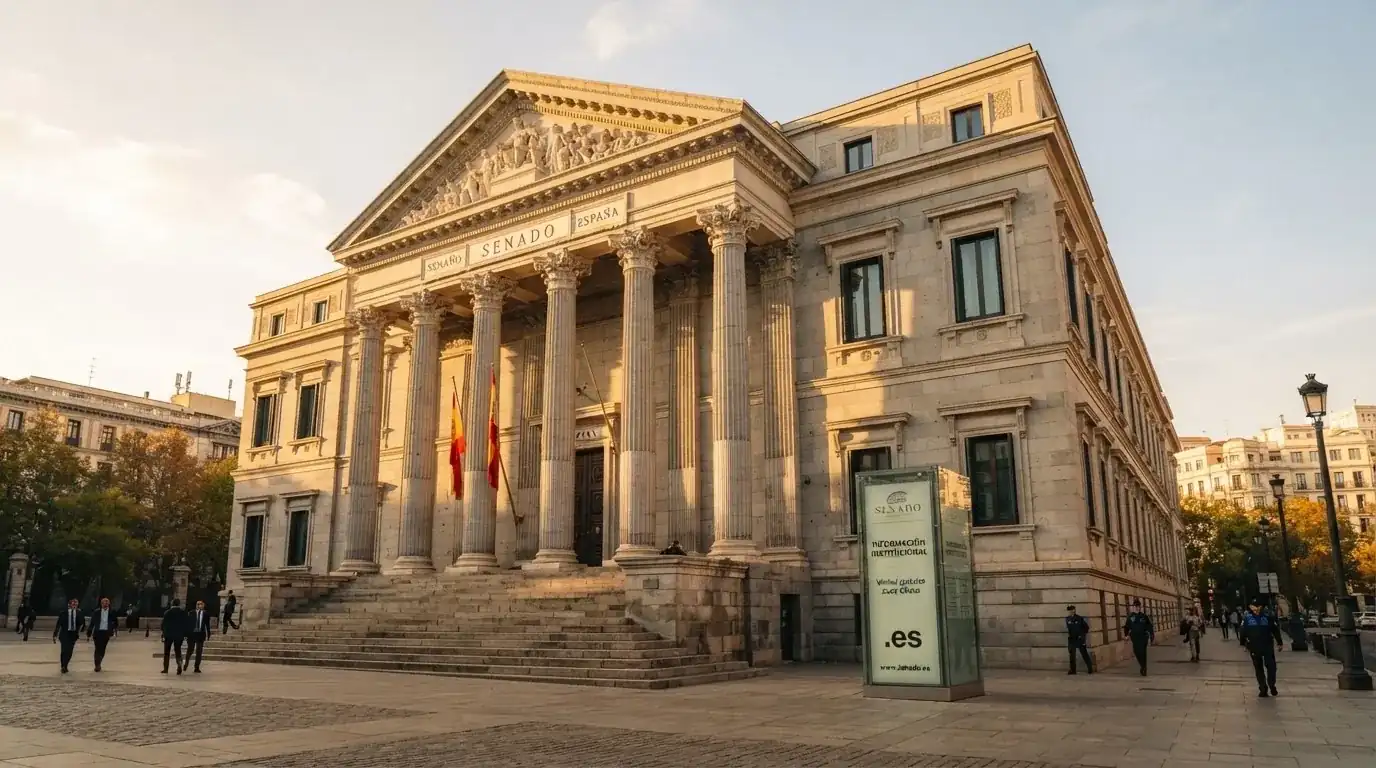 El edificio de la Dirección General de Ordenación del Juego en Madrid con el dominio .es y el sello de licencia DGOJ superpuestos gráficamente