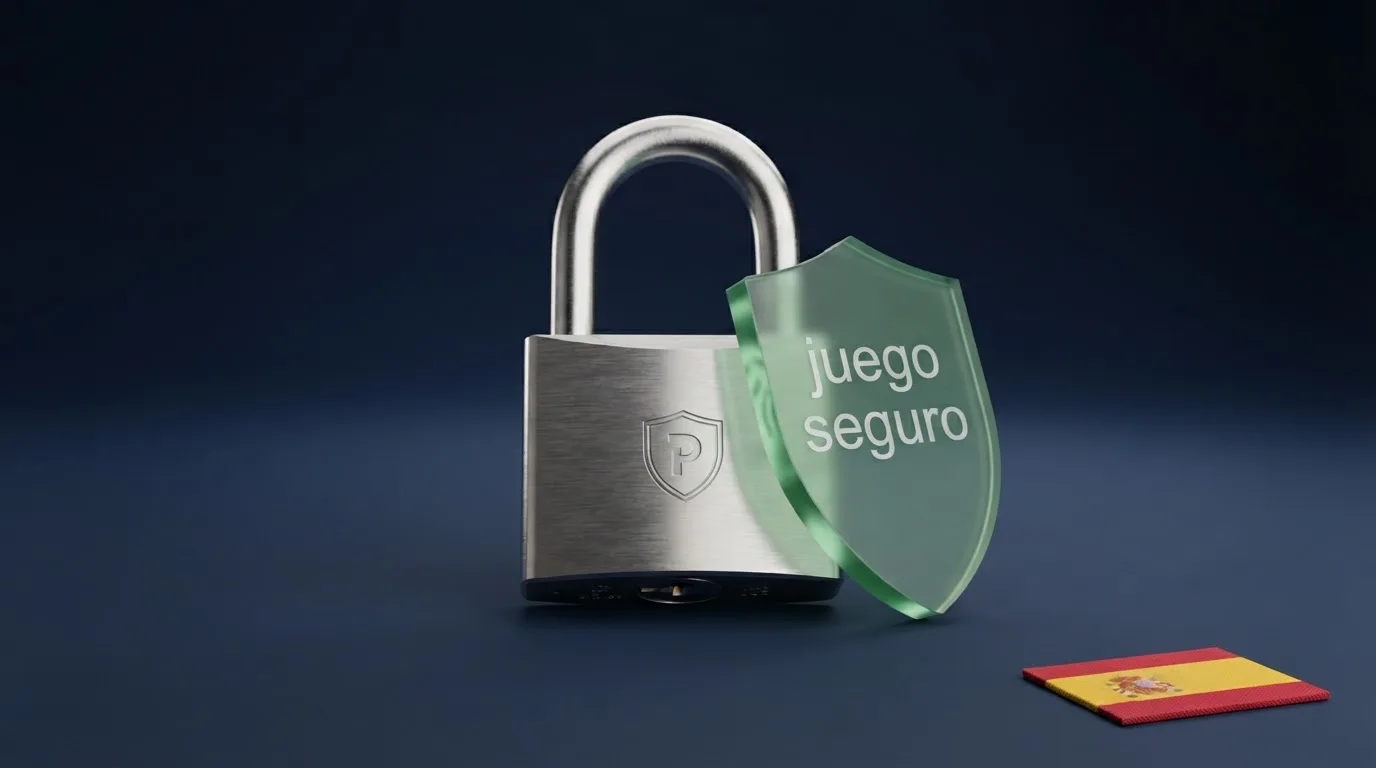 Sello oficial de la DGOJ sobre el texto «juego seguro» junto al icono de un candado y la bandera de España en la esquina