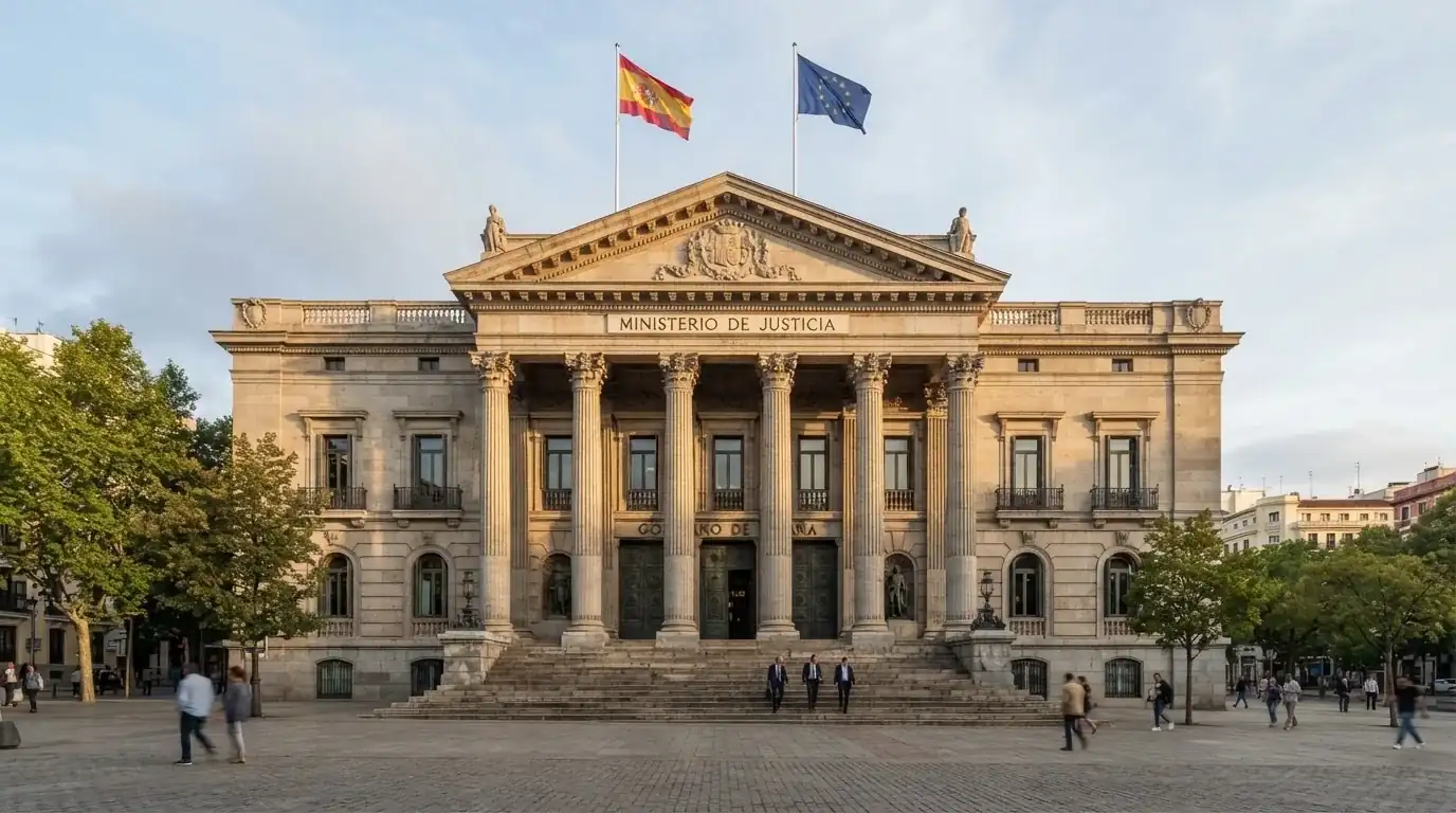 La fachada de un edificio institucional español con la bandera de España y la de la Unión Europea, en un entorno urbano reconocible