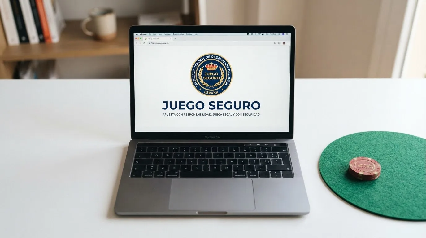 El sello de la Dirección General de Ordenación del Juego junto al dominio .es de un operador autorizado, con el texto «juego seguro» visible