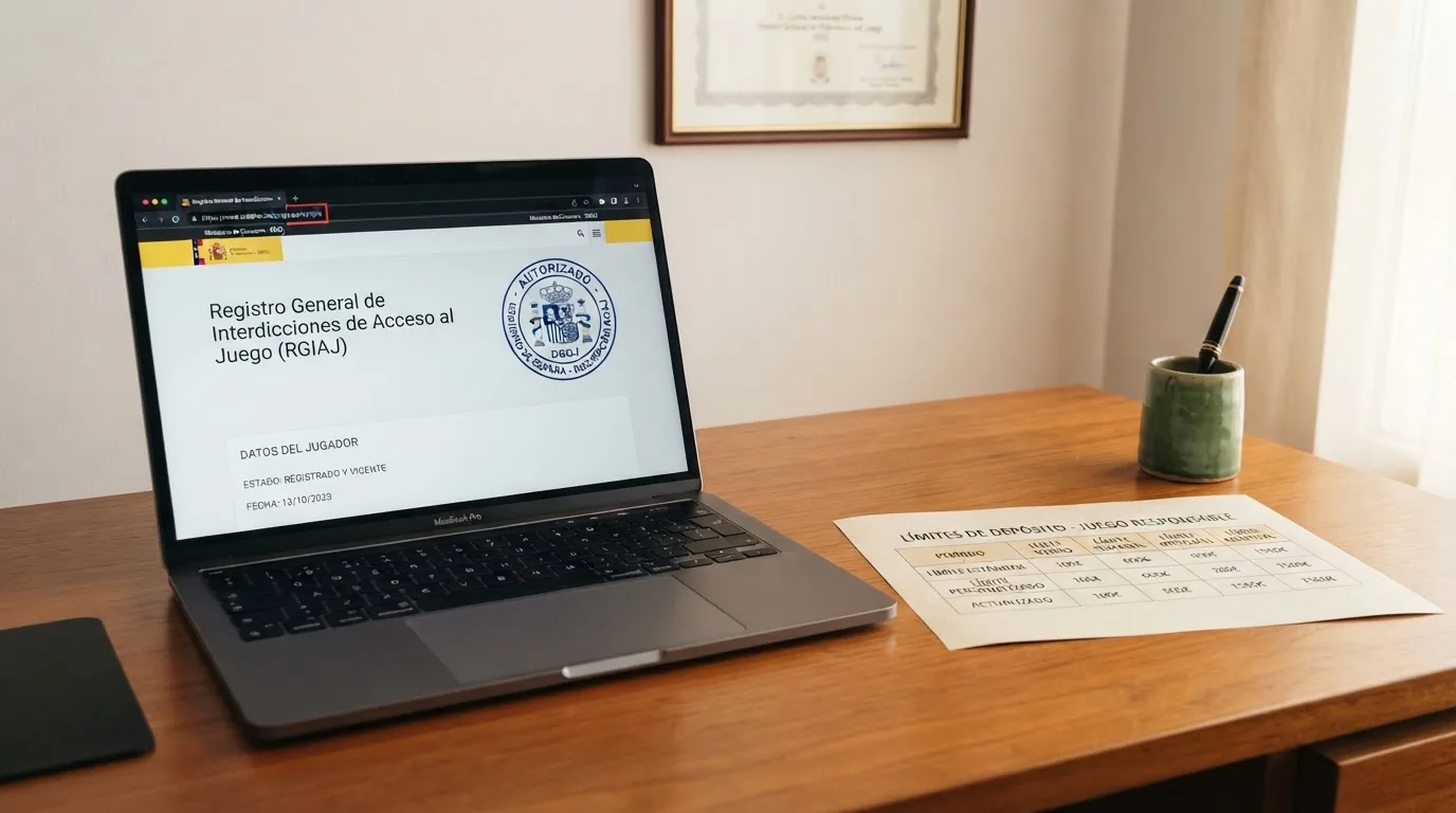 Captura del registro oficial de la DGOJ con un dominio .es resaltado y el sello de operador autorizado junto a una tabla de límites de depósito