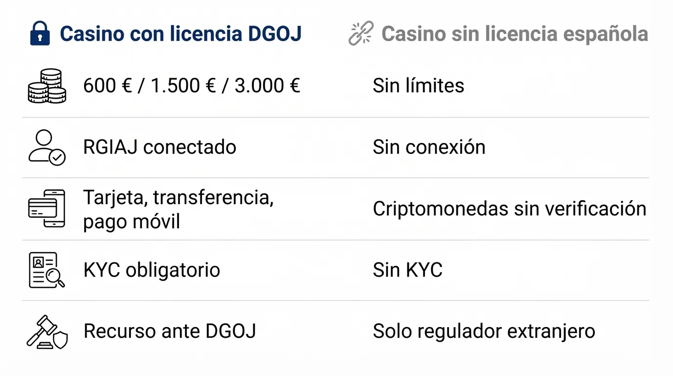 Infografía comparativa de las diferencias clave entre un casino con licencia DGOJ y uno sin licencia española: límites, RGIAJ, métodos de pago, KYC y recurso legal