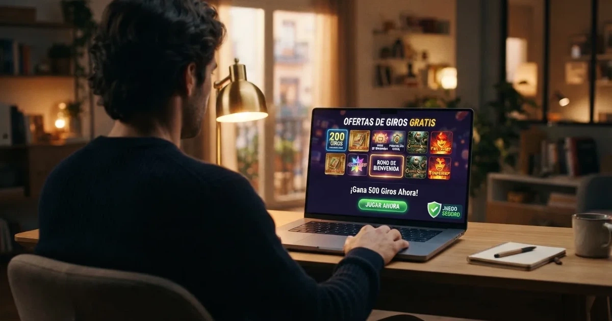 Pantalla de un casino online con licencia DGOJ mostrando una sección de ofertas de giros gratis sin depósito junto al sello de juego responsable