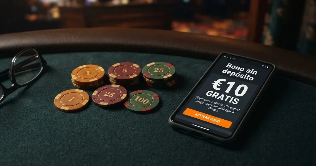 Comparativa de fichas de casino y un teléfono mostrando la pantalla de registro de un casino online español con la oferta de bono sin depósito visible