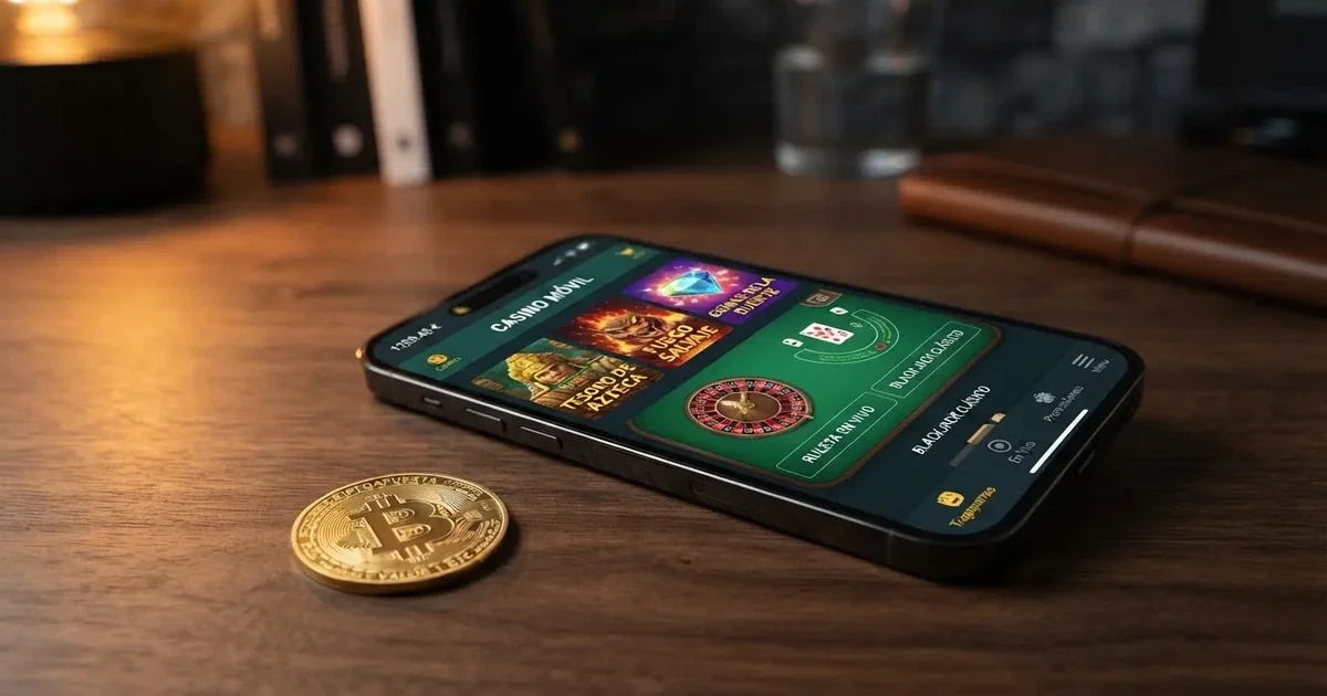 Un teléfono móvil mostrando la pantalla de un casino online junto a un monedero de bitcoin con el logo de BTC visible