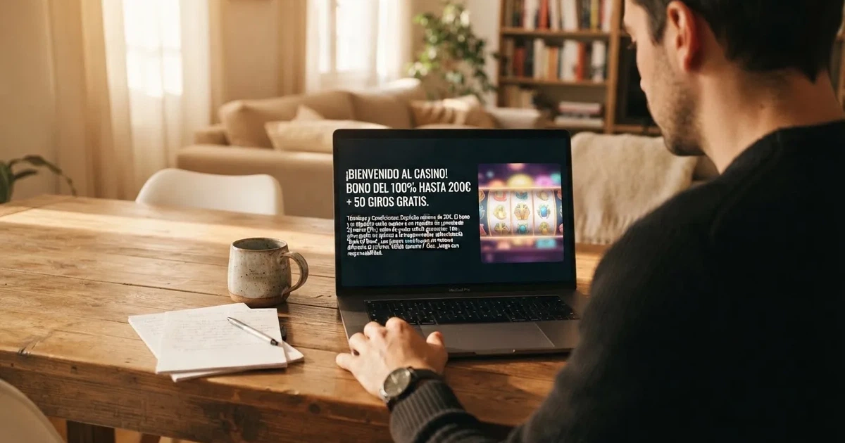 Un jugador consultando las condiciones de una promoción en la pantalla de un casino online, con los términos del bono visibles en primer plano