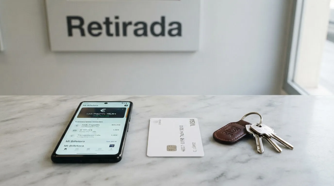 Varios dispositivos (móvil con app de PayPal, tarjeta bancaria, llave de cajero automático) alineados sobre un fondo con el texto «Retirada» en español.