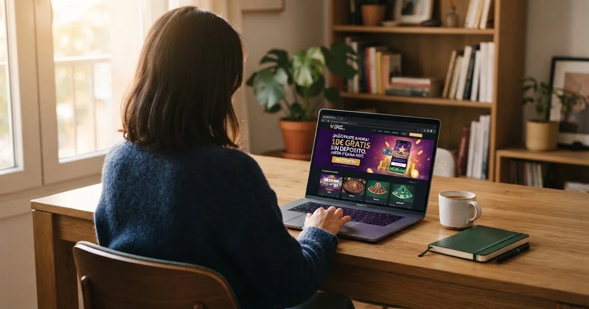 Jugador consultando ofertas de bono sin depósito en la pantalla de un casino online español con el distintivo .es visible