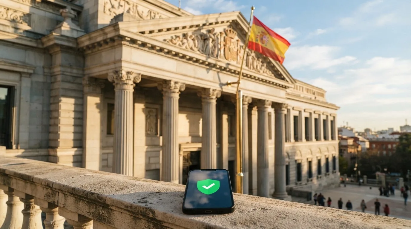 La fachada de un edificio institucional español junto a la bandera de España y el logotipo de la DGOJ en un dispositivo móvil
