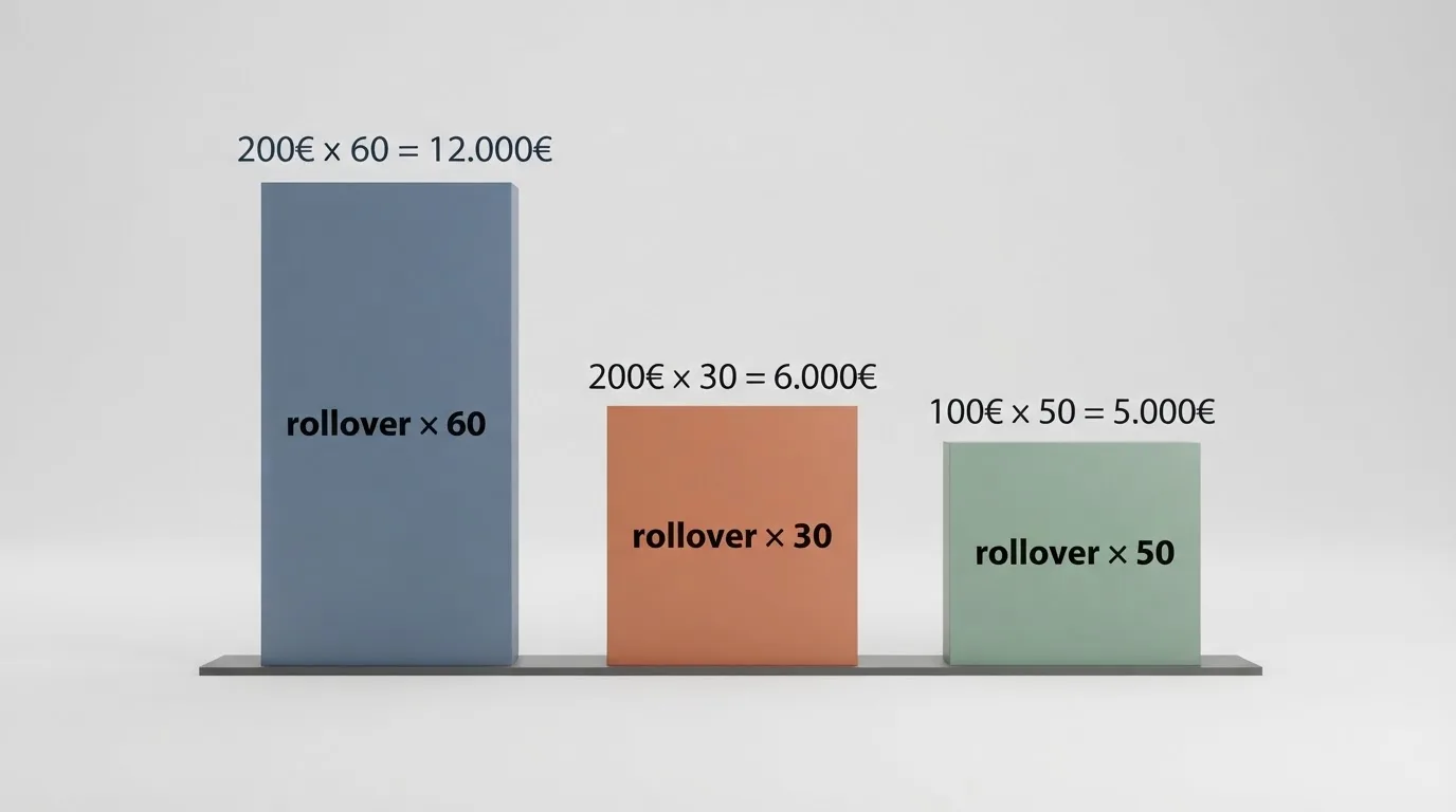 Comparativa visual de tres bonos de casino con su importe anunciado, su rollover y el importe total que exigen apostar
