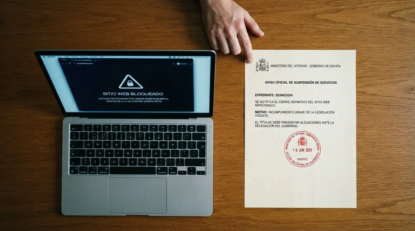 Documento oficial con el logotipo de la DGOJ sobre una mesa junto a un monitor que muestra un portal de juego bloqueado