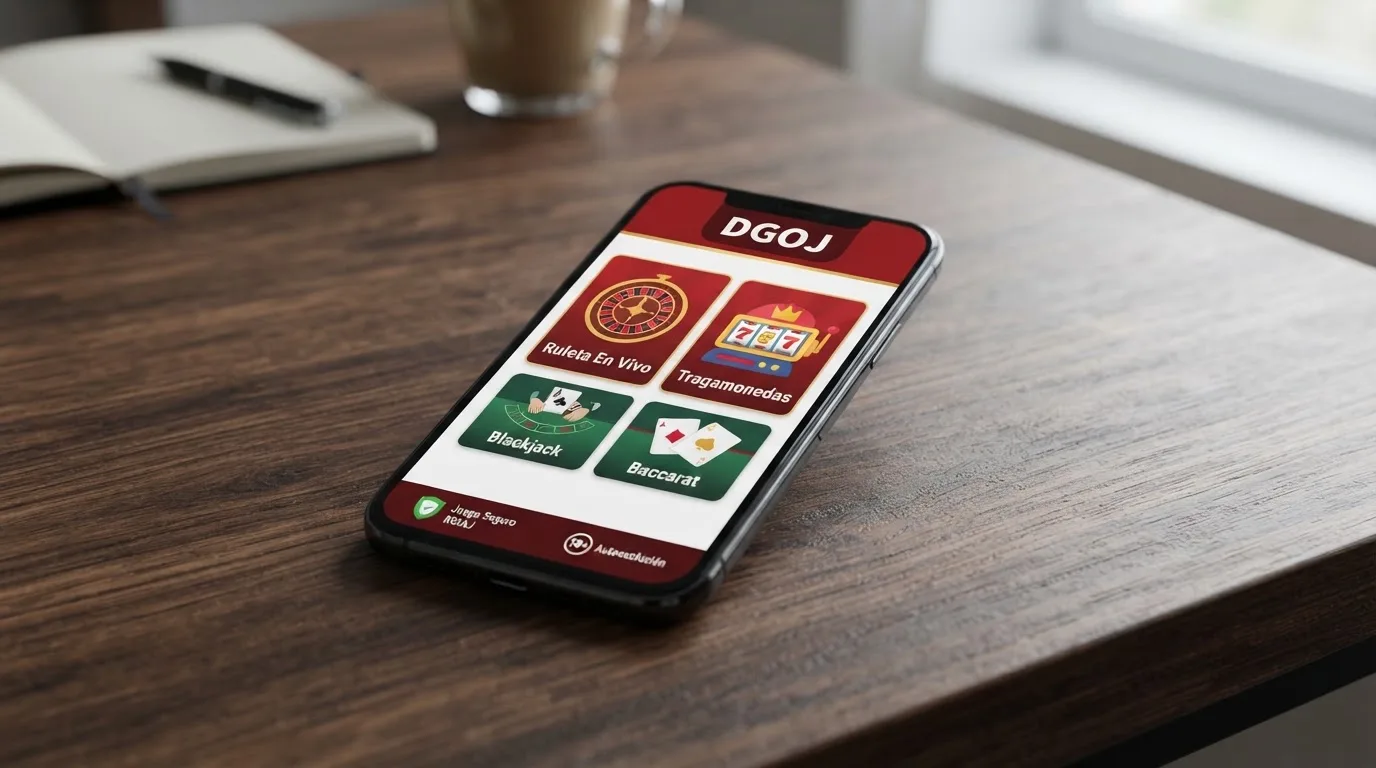 Pantalla de un móvil mostrando la interfaz de un casino online español con el sello de la DGOJ y los logos de juego seguro y RGIAJ visibles en el pie de página