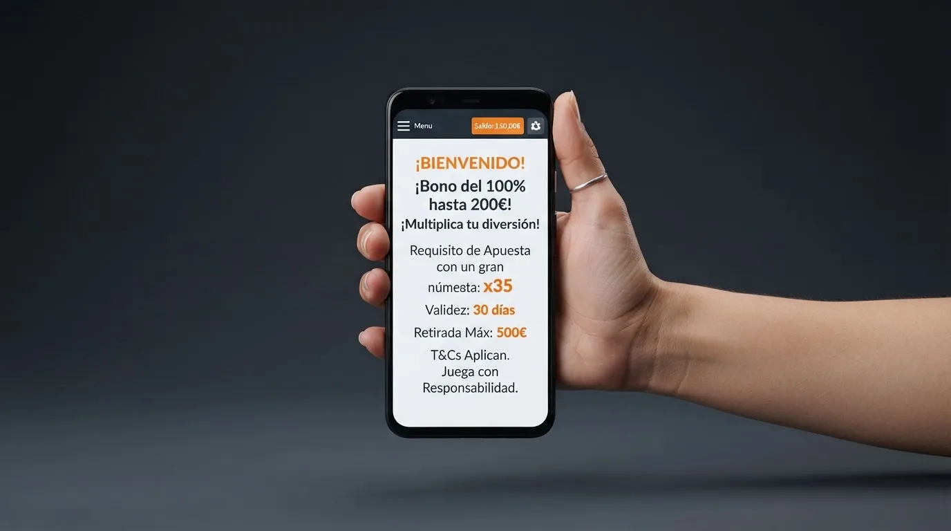 Primer plano de los términos y condiciones de un bono de casino en pantalla, con las cifras de rollover, plazo y ganancia máxima resaltadas