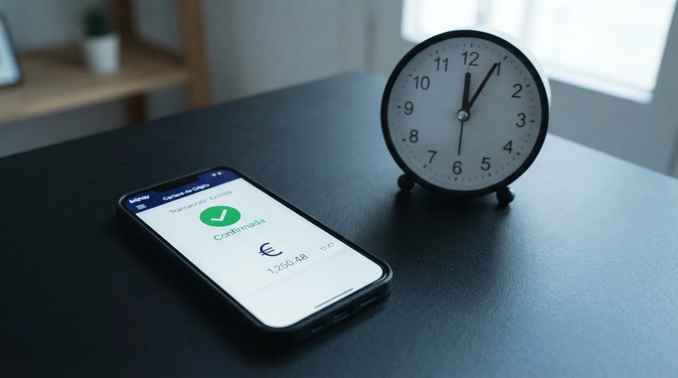 Un reloj marcando minutos junto a la pantalla de una wallet de bitcoin con una transacción en curso y el logo de BTC