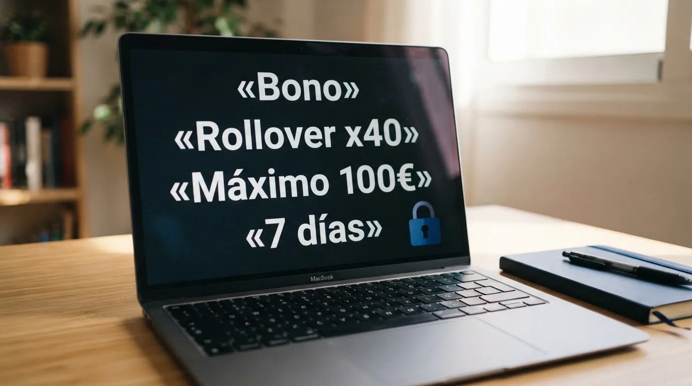 Primer plano de una pantalla con el desglose de condiciones de un bono sin depósito: importe, rollover, ganancia máxima y plazo, con un símbolo de candado junto al texto legal