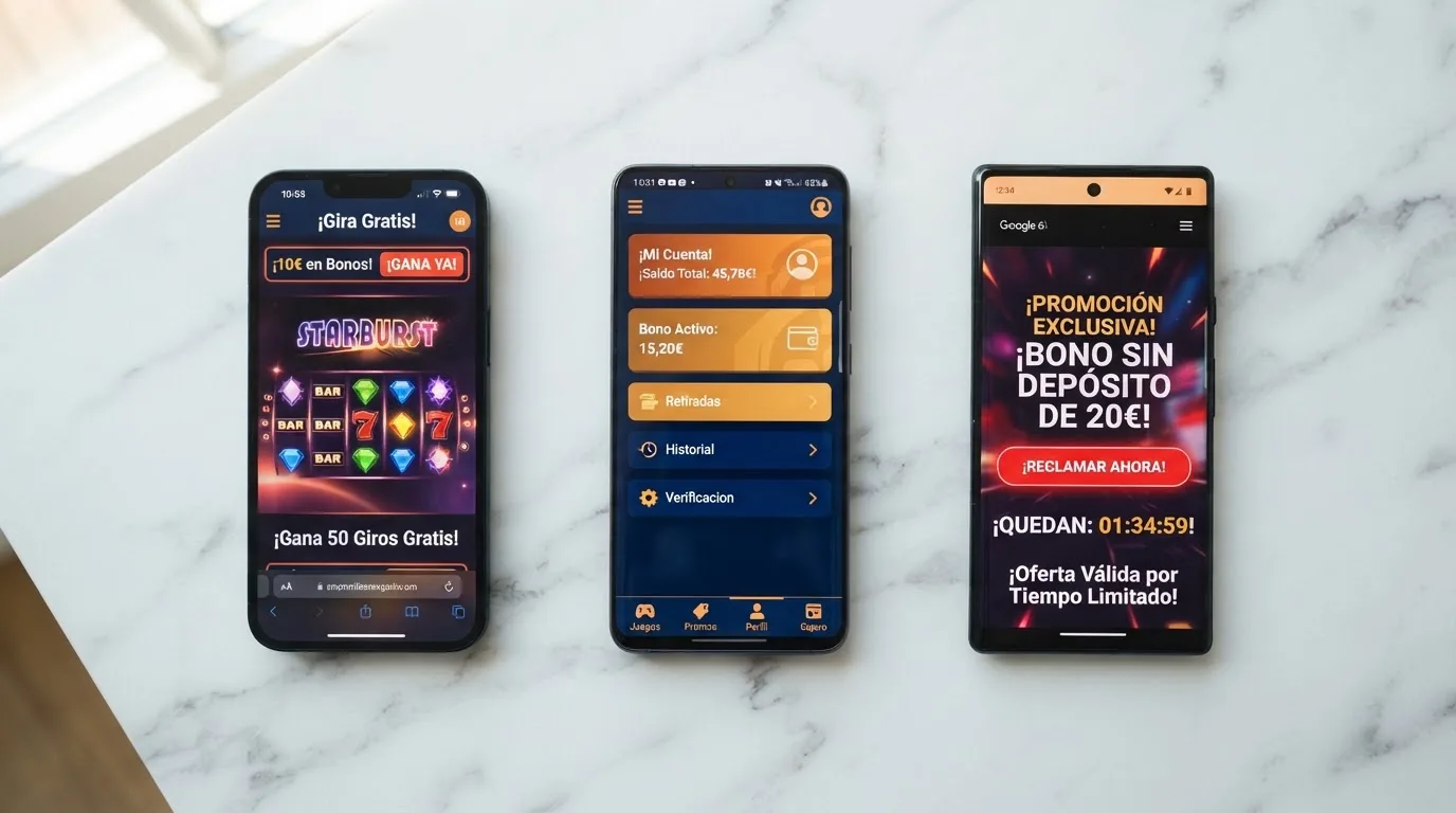 Comparativa visual de tres formatos: giros gratis sobre una tragaperras, saldo en efectivo en el monedero del casino y una notificación de oferta relámpago