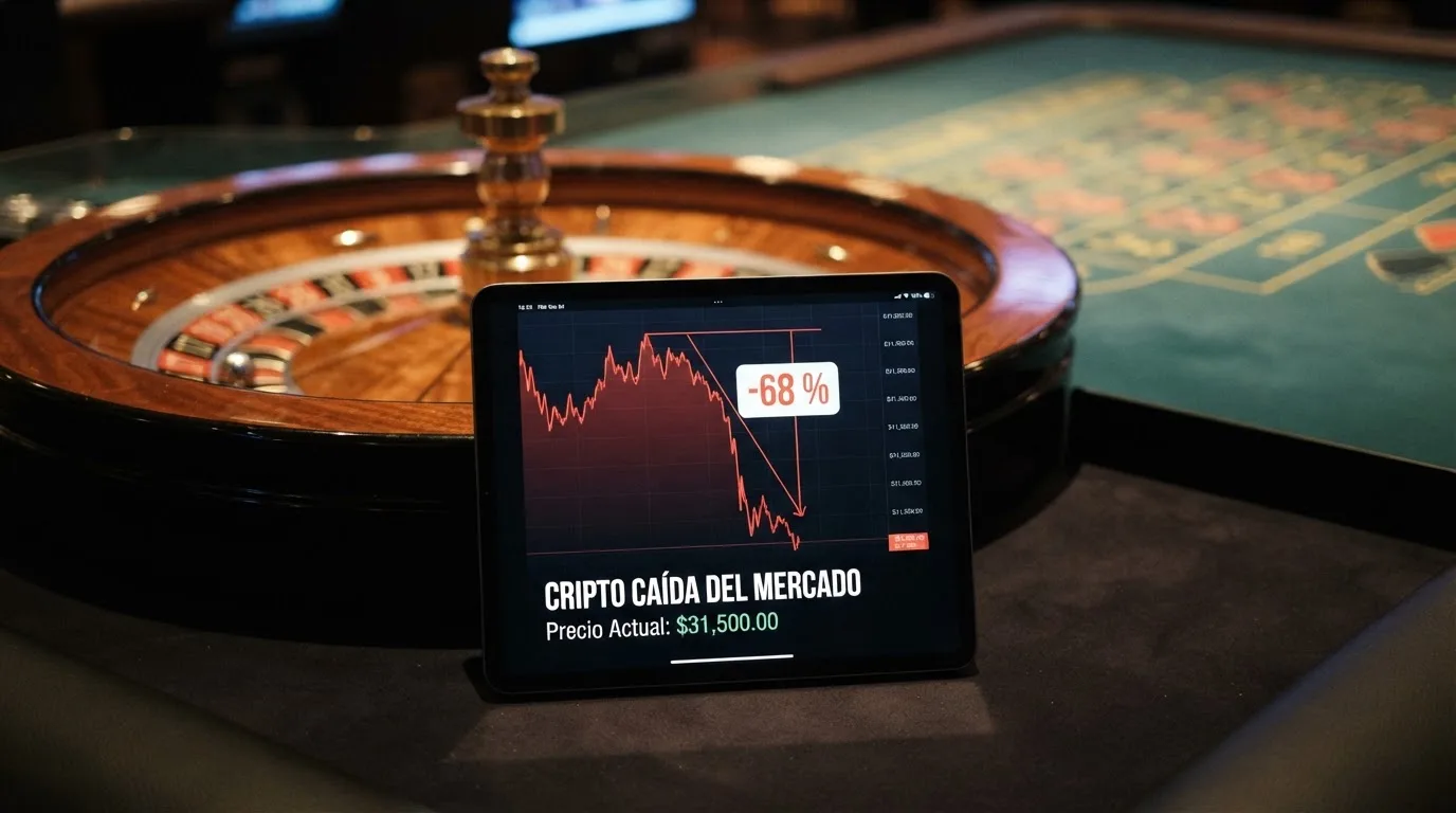 Gráfico de velas o línea que muestra la evolución del precio de Dogecoin con una caída pronunciada señalada, sobre el fondo de una ruleta de casino